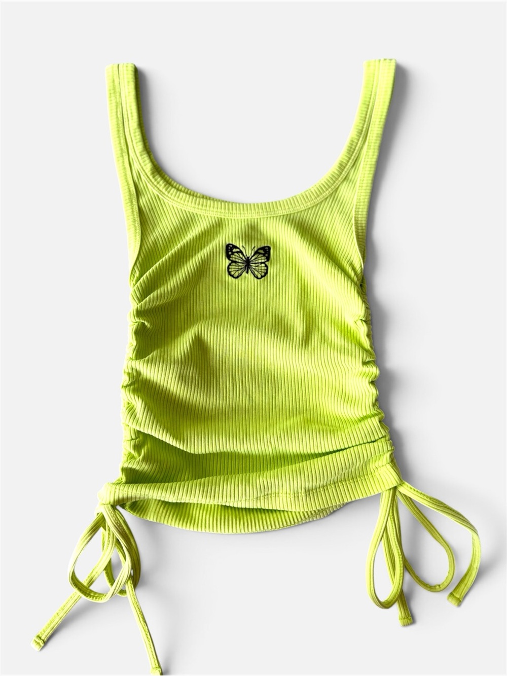 Vintage Y2K Neon Yellow Ribbed Tank Top Embroidered Butterfly Ruched Tie Sides